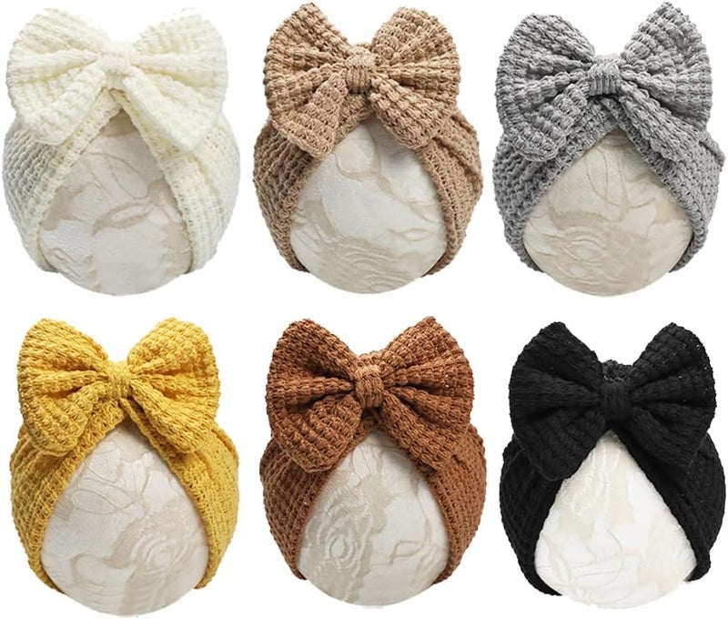 Esumun Baby Girls Hair Bow Turban Hat 6PCS Set, Top Bowknot Head Wrap Beanie India Caps for Infant Toddlers - Image 1